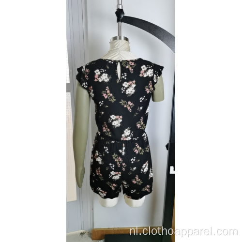 Damesmode zwarte print V-hals met korte mouwen jumpsuit